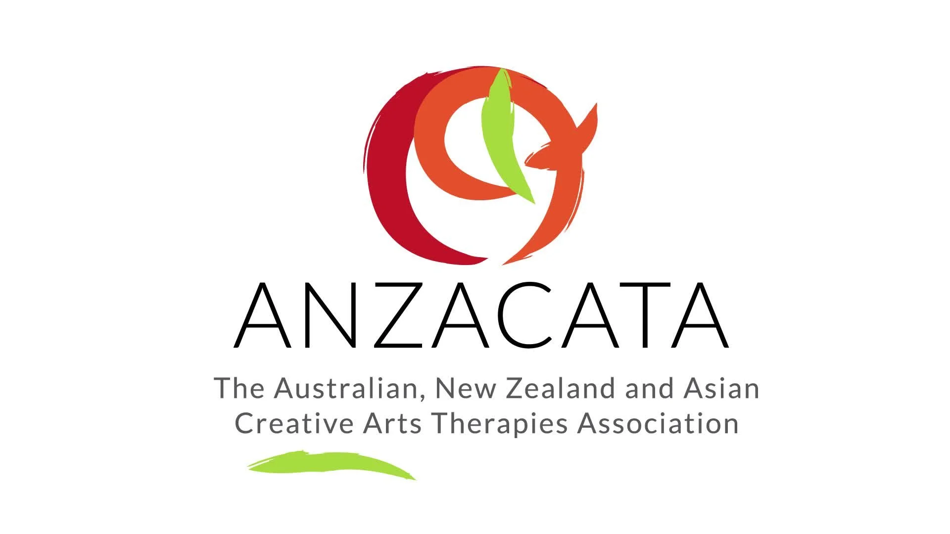 Logo for ANZACATA, featuring a stylized circular design with a green leaf, an orange branch, and a red element, with the text "ANZACATA" and "The Australian, New Zealand and Asian Creative Arts Therapies Association" underneath.
