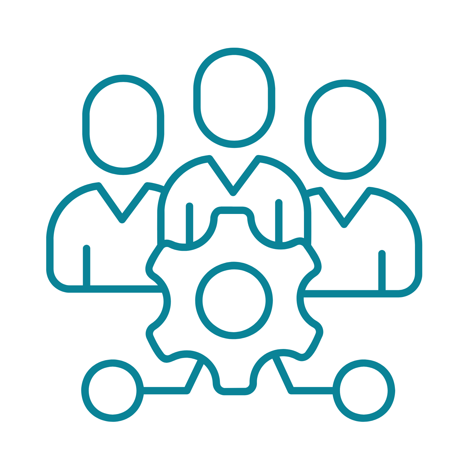 Line drawing of three people behind a gear with three connected circles.