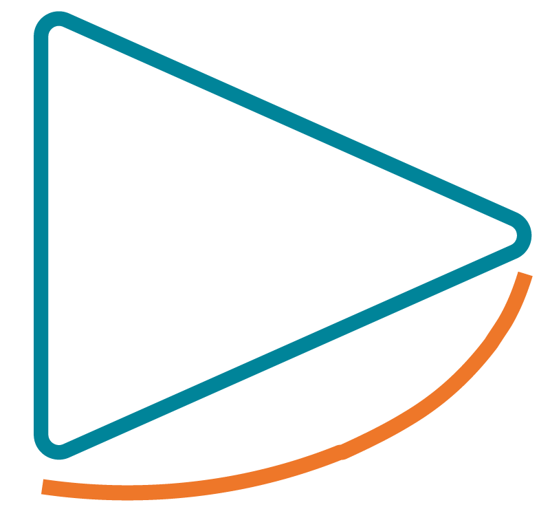 A minimalist outline of a play button, with a blue triangle and an orange semicircular arrow below it.
