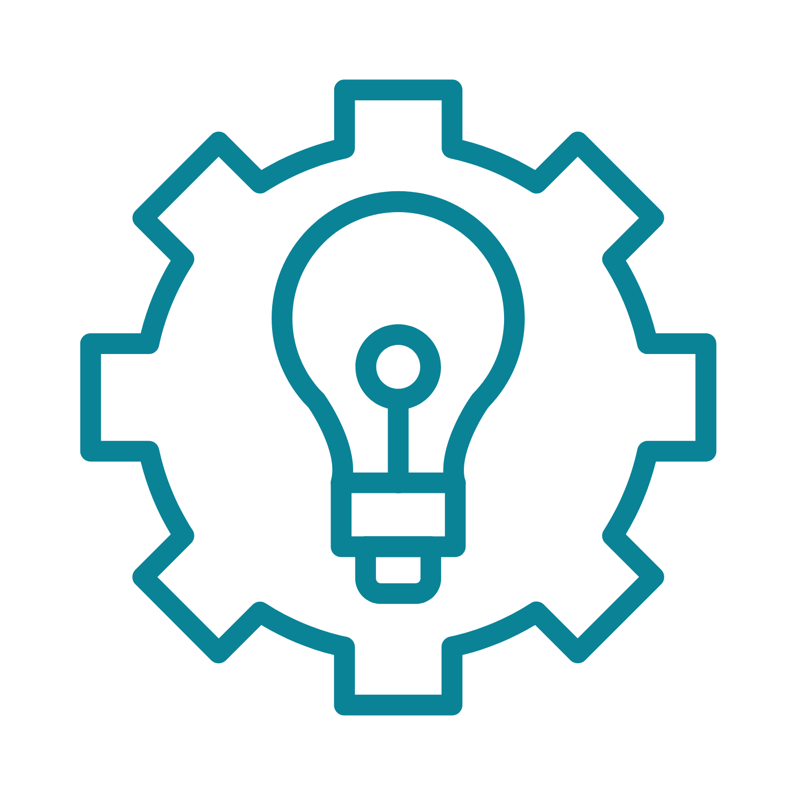 Outline of a gear with a light bulb inside, symbolizing innovation or ideas.