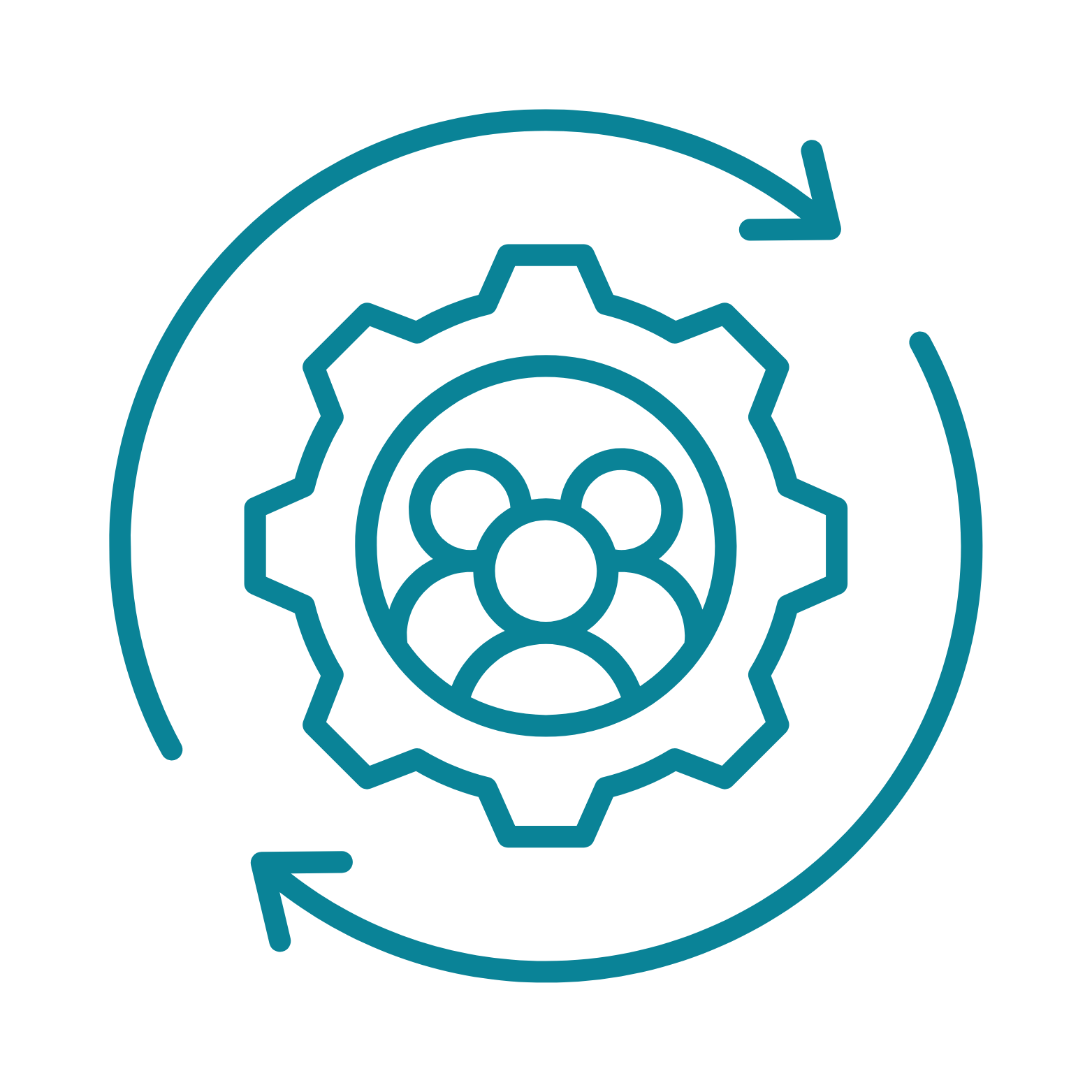 Outline icon of a gear with a group of people inside, surrounded by two circular arrows indicating a cycle or process.