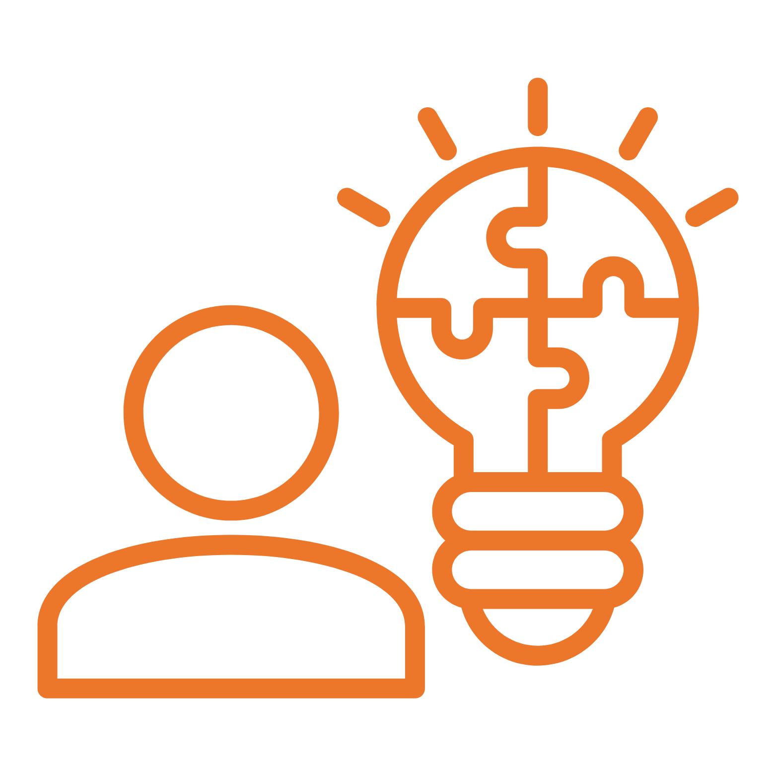 Outline of a person with a lightbulb containing a puzzle piece design and sun rays, representing ideas or innovation.