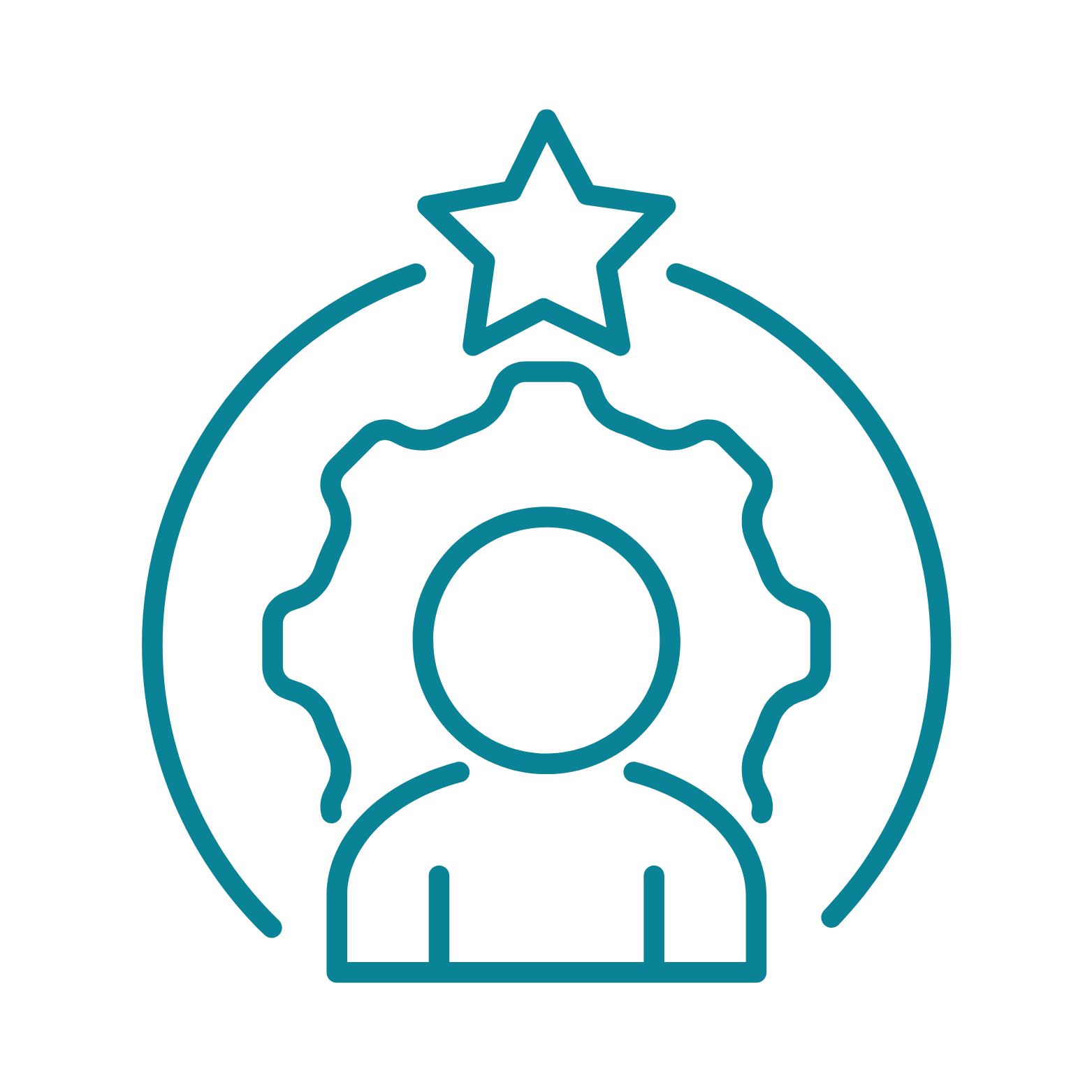 Line drawing of a person with a star on top, a wreath around their head, and a gear behind.