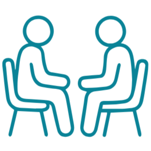 Two stick figure people sitting on chairs facing each other, engaging in conversation.