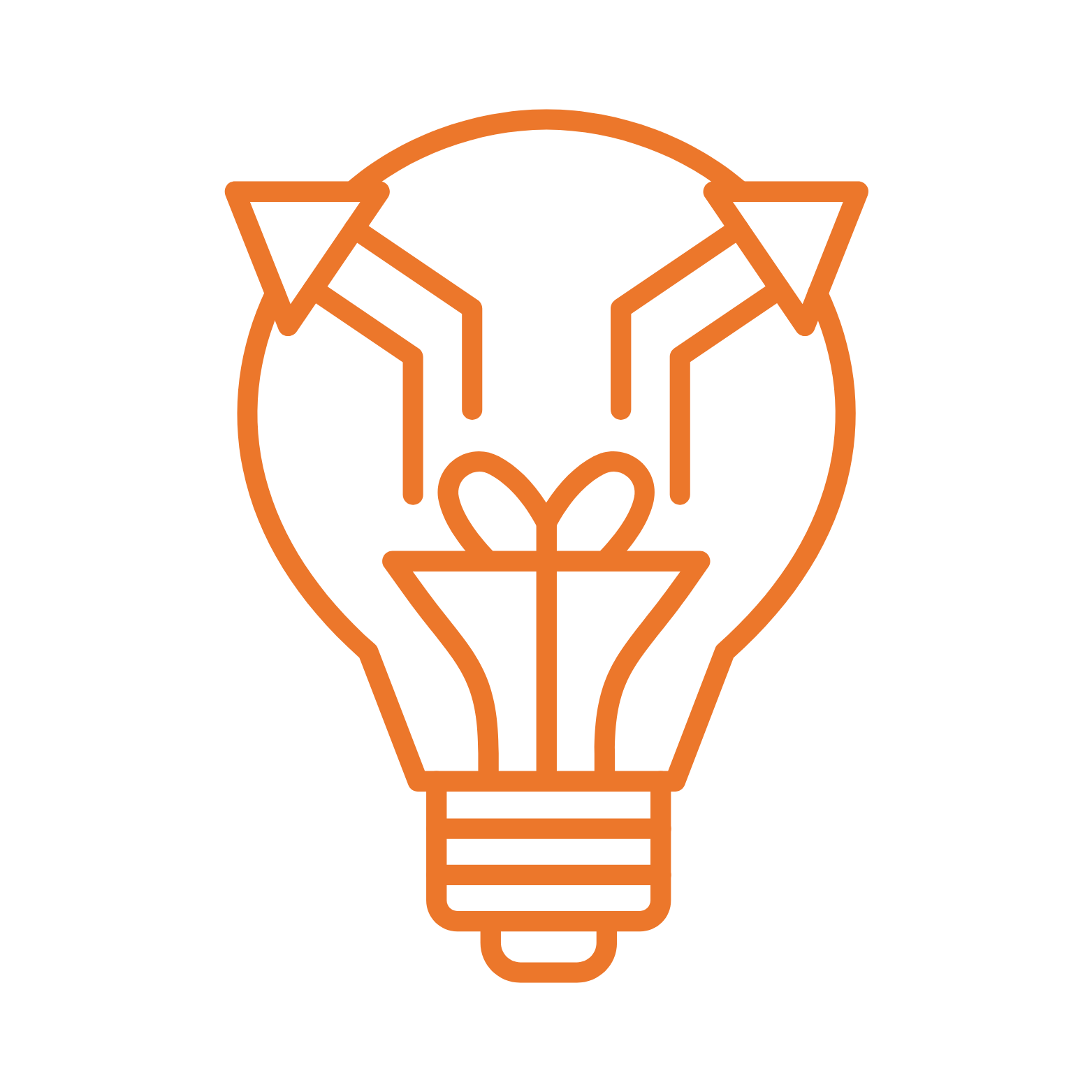 Line art of a lightbulb with a pet dog inside and a gift box in the center, depicted in orange outline.
