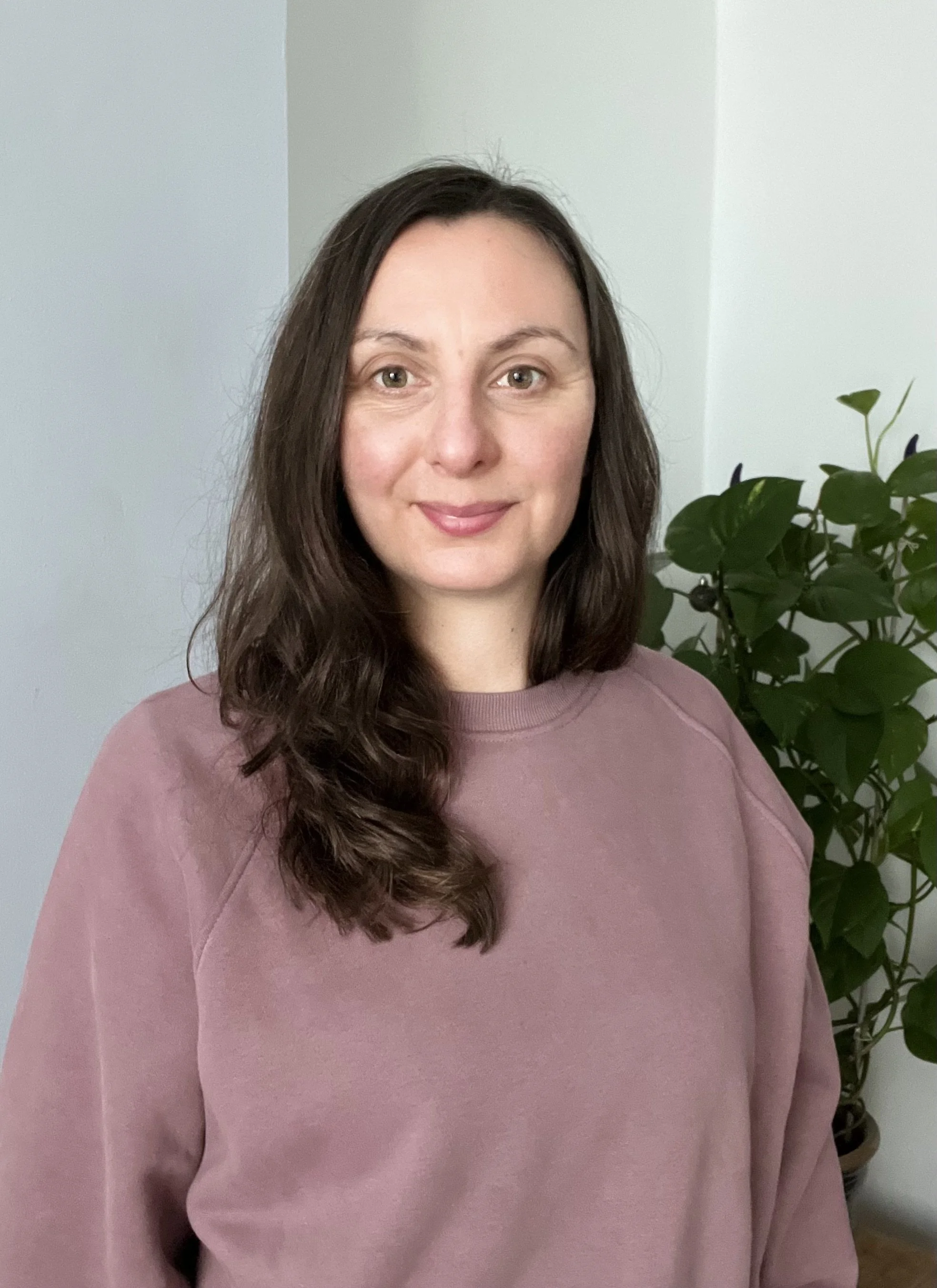A woman with long brown wavy hair, wearing a pink sweatshirt, standing indoors near a light-colored wall and a green potted plant, smiling softly at the camera.