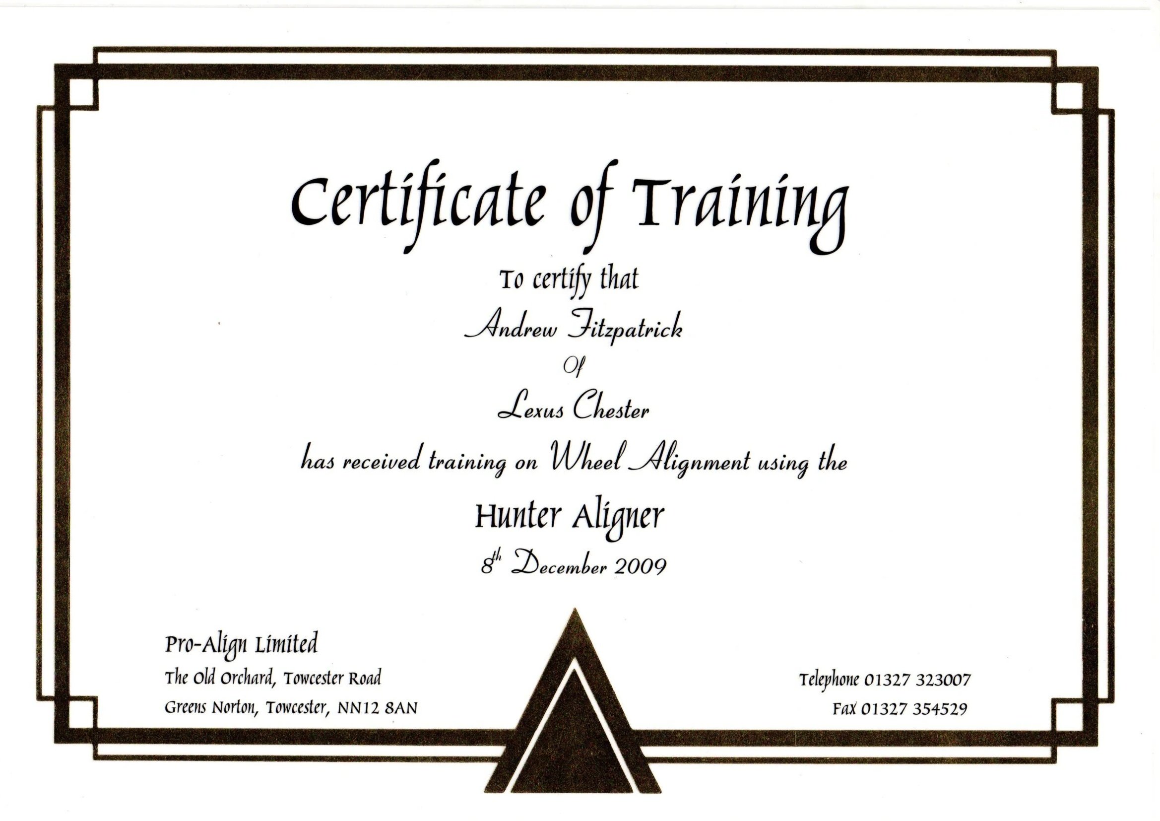 A certificate of training awarded to Andrew Fitzpatrick of Lexus Chester for training on Wheel Alignment using the Hunter Aligner, dated December 8, 2009.