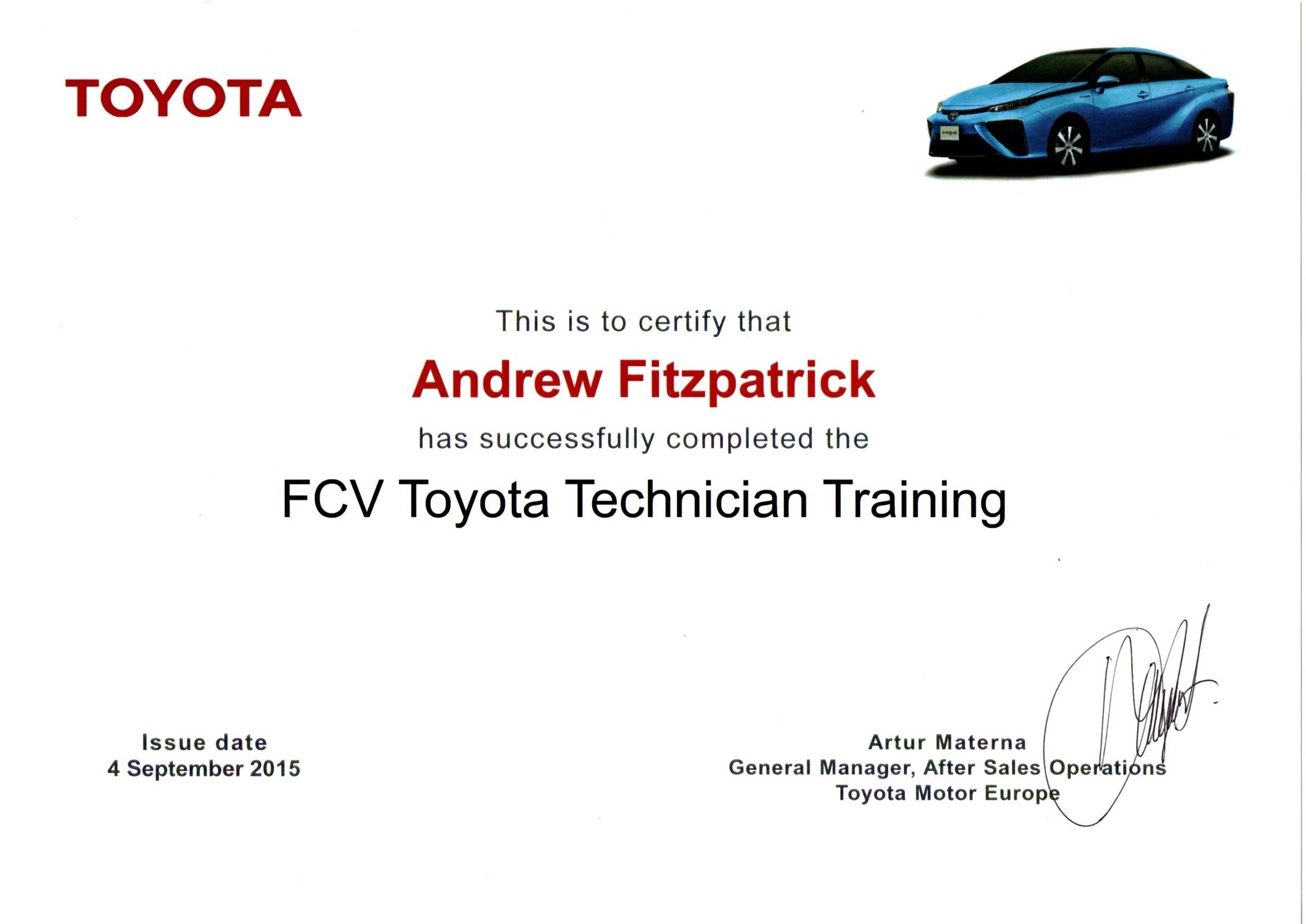 Certificate of completion awarded to Andrew Fitzpatrick for FCV Toyota Technician Training, issued on September 4, 2015, with the Toyota logo and a blue Toyota car in the top right corner.