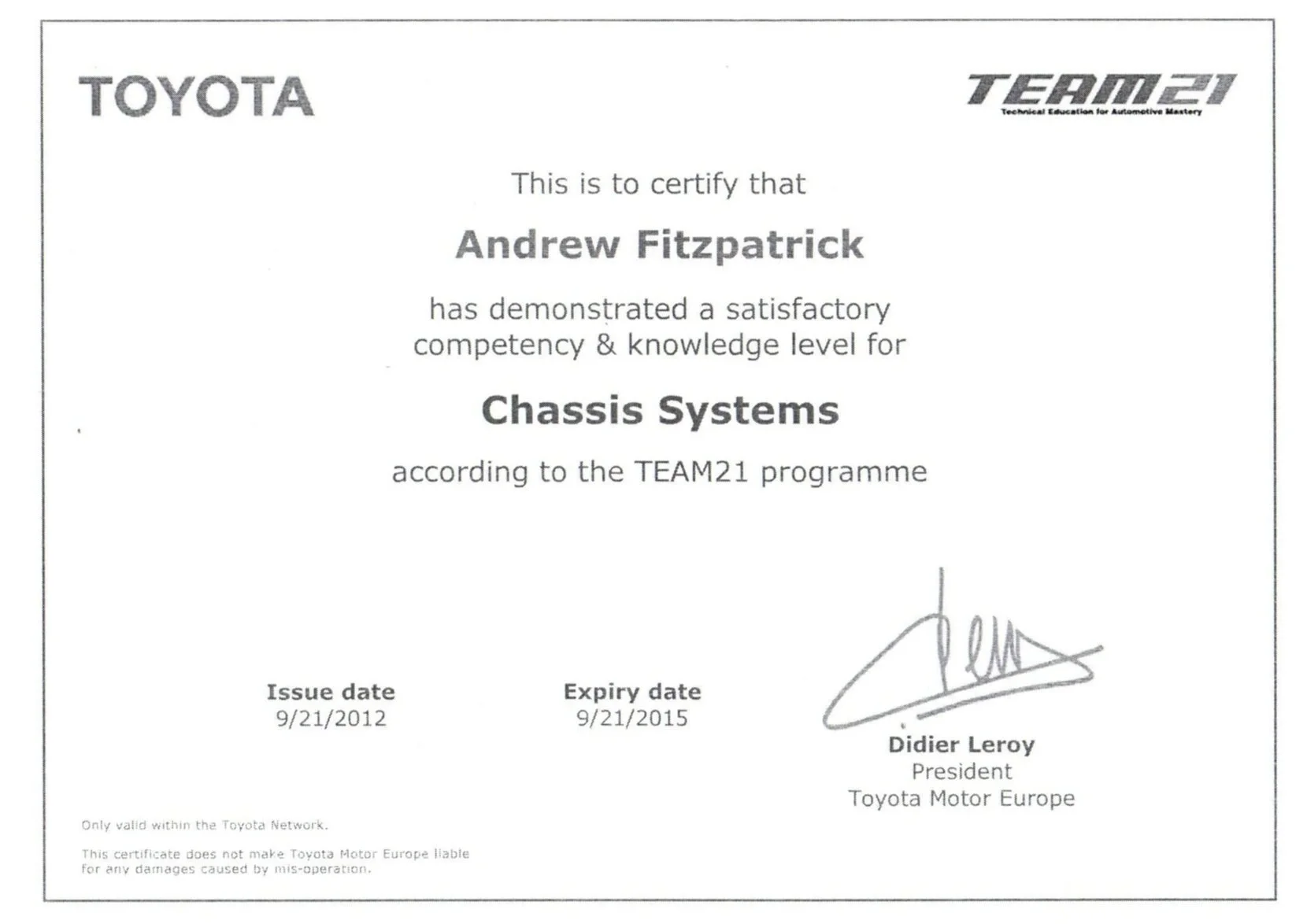 Toyota certification for Andrew Fitzpatrick in chassis systems, issued by Didier Leroy of Toyota Motor Europe, dated September 21, 2012, expires September 21, 2015, with signature.