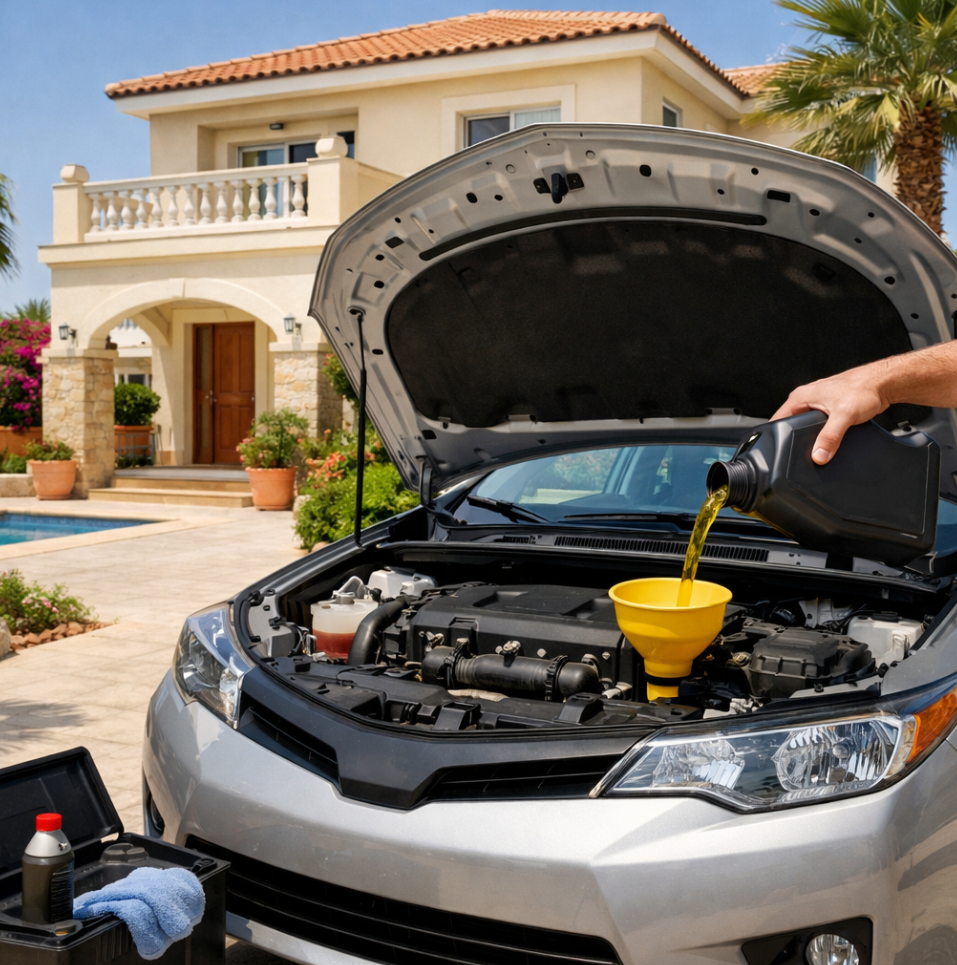 Person pouring motor oil into a car engine in the driveway of a house with a swimming pool and palm trees.