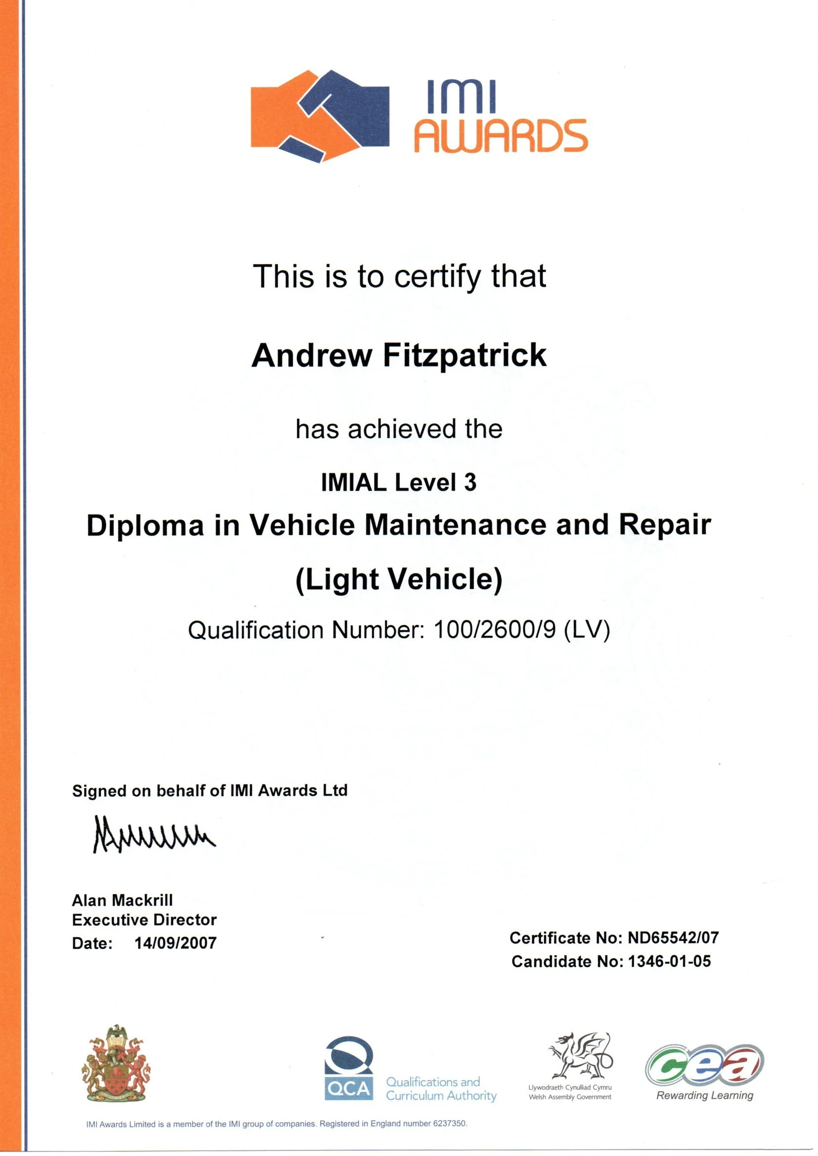 Certificate for Andrew Fitzpatrick for completing IMIAL Level 3 in Vehicle Maintenance and Repair (Light Vehicle), issued by IMI Awards, dated 14/09/2007, signed by Alan Mackrill, with logos of IMI Awards, QCA, Welsh Assembly Government, and CEA at t