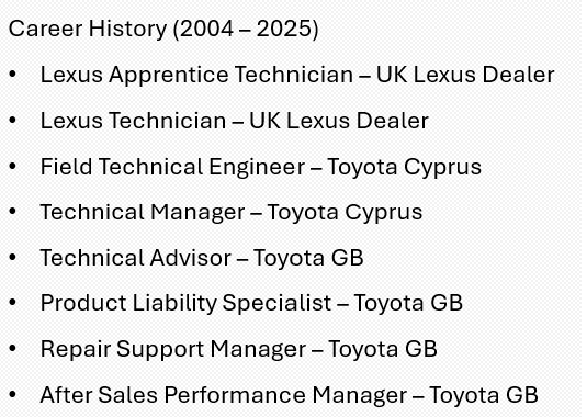 A list outlining career history from 2004 to 2025, including roles at Lexus and Toyota, such as Apprentice Technician, Technician, Field Engineer, Manager, Advisor, Product Liability Specialist, Repair Support Manager, and After Sales Performance Manager.