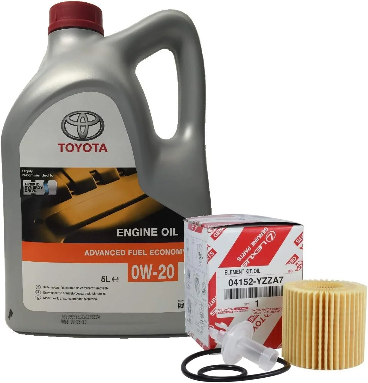 A bottle of Toyota engine oil, a box of oil filter elements, a oil filter, a rubber O-ring, and a plastic oil filter tool.