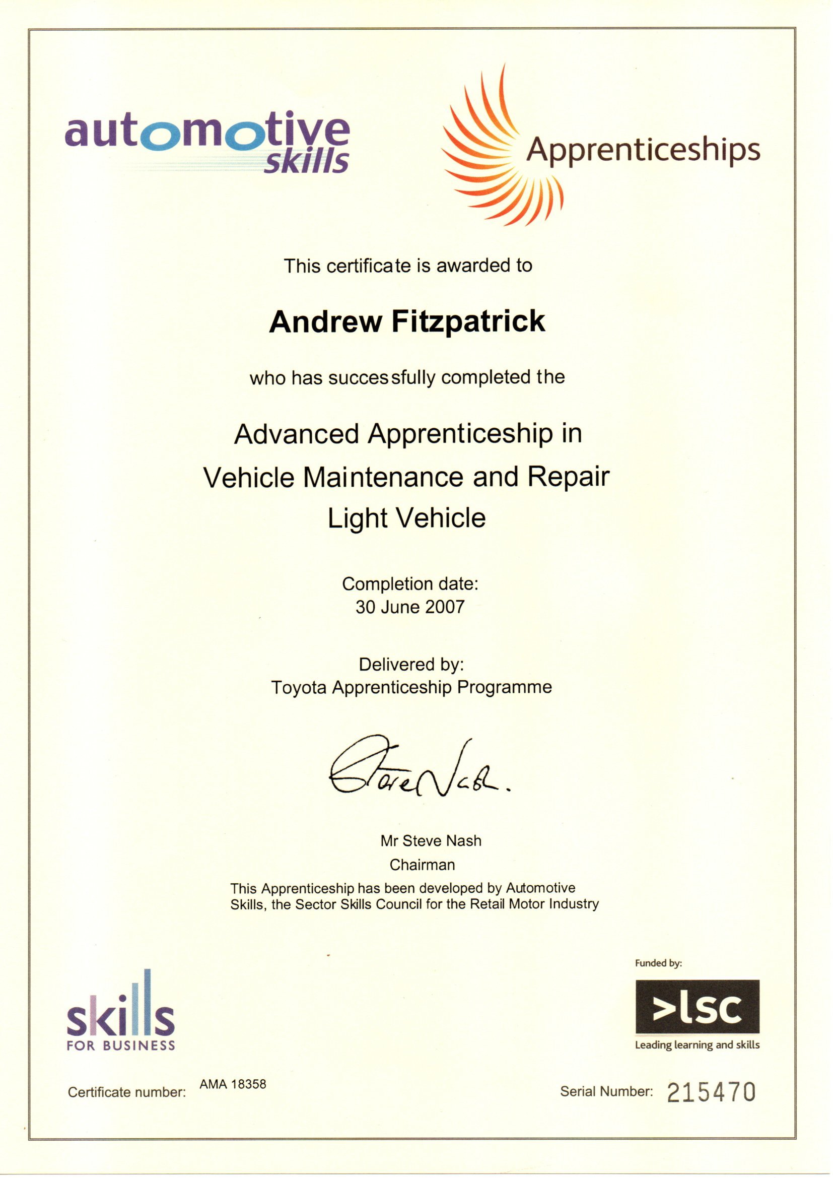 Certificate awarded to Andrew Fitzpatrick for completing Advanced Apprenticeship in Vehicle Maintenance and Repair Light Vehicle, dated June 30, 2007, delivered by Toyota Apprenticeship Programme.