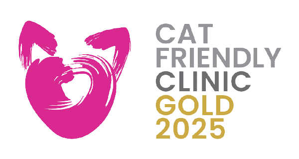 Logo for the CAT Friendly Clinic 2025, featuring a stylized pink cat's face with a swirling line representing the eye, accompanied by text in black and gold.