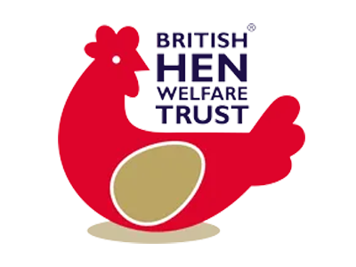 Logo of the British Hen Welfare Trust featuring a red hen with a brown egg, and purple text that reads 'British Hen Welfare Trust'.