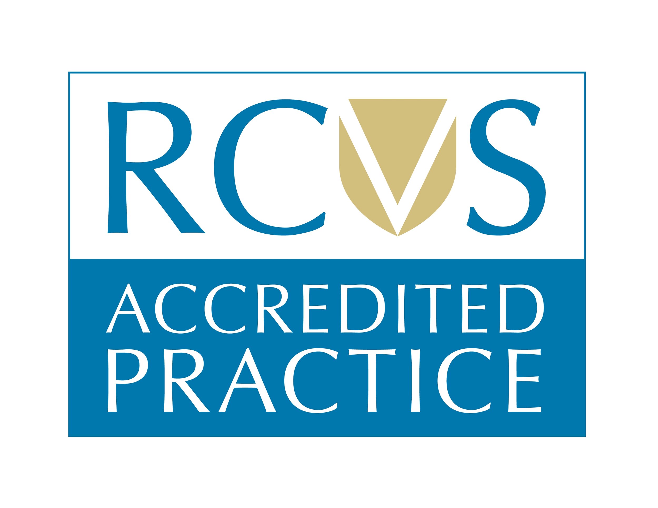 RCVS accredited practice logo in white, blue and gold.