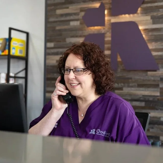 A woman with curly brown hair and glasses in a purple uniform talking on the phone at a reception desk inside a modern office.