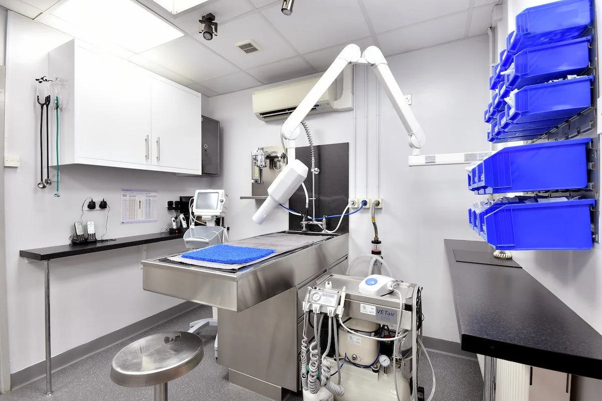 A sterile veterinary dental examination and surgical room in Godiva Vets. The room has medical equipment, a dental x-ray and an operating table with a blue mat.