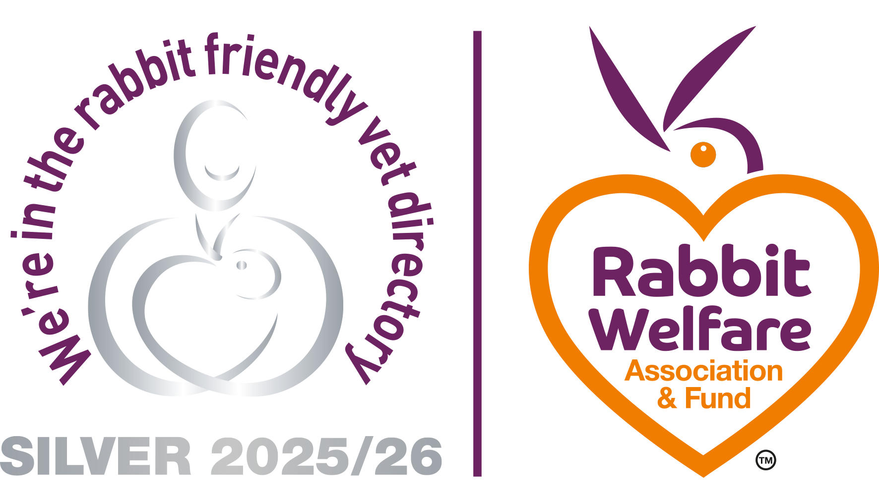 Logo for the Rabbit Welfare Association & Fund with a stylized silver rabbit and purple text, and a separate logo with an orange heart and purple rabbit ear silhouette, reading "Rabbit Welfare Association & Fund."