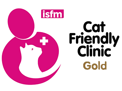 Logo for ISFM Cat Friendly Clinic Gold featuring a pink silhouette of a person with a cross and a black cat silhouette.