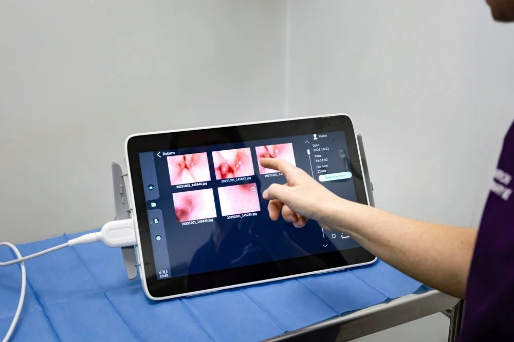 A medical professional using a tablet to review images of inside a body, likely from a medical procedure, on a blue medical drape.
