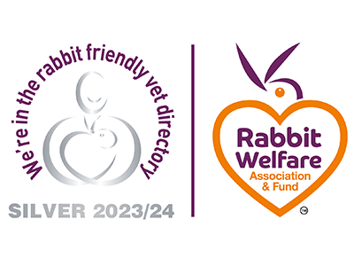 Logo for Rabbit Welfare Association & Fund, featuring a stylized rabbit and text indicating the 2023/24 silver award.