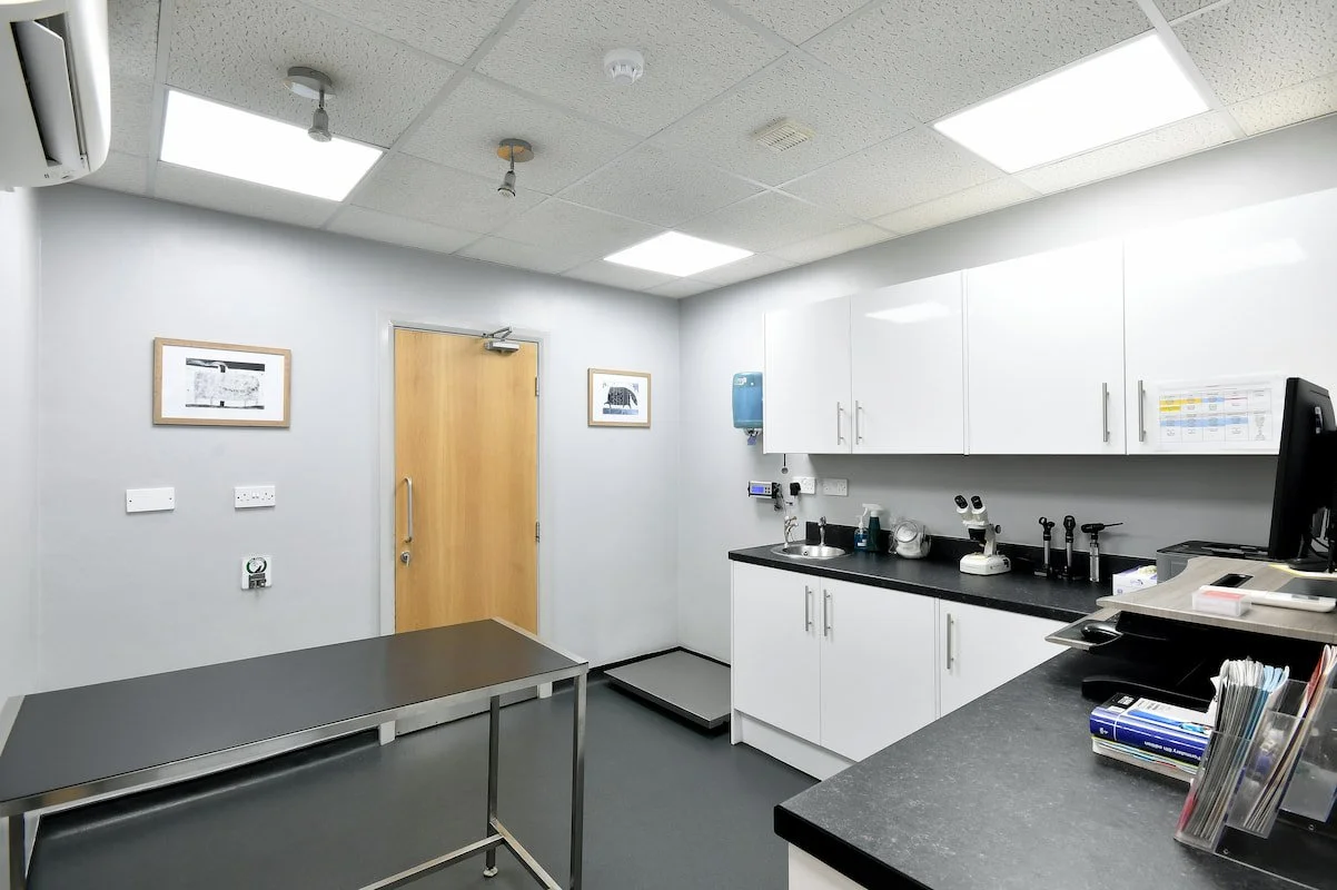 A clean, empty medical examination room in Godiva Vet Clinic with white cabinets, a black countertop, medical tools, and two microscopes. There is a door, framed pictures, and a table.