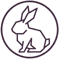 Minimalist line drawing of a rabbit inside a circle.