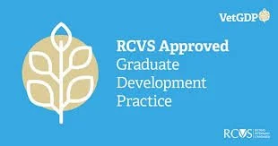 Blue background with VetGDP logo, featuring an abstract tree design, and text stating 'RCVS Approved Graduate Development Practice'.