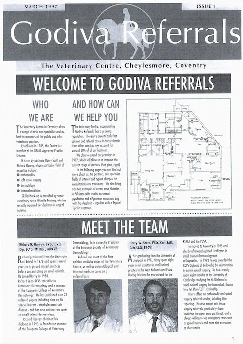 A veterinary referral informational brochure from March 1997, featuring a welcome message, a floor plan, and team photos for The Veterinary Centre, Cheylesmore, Coventry, including details about services and the medical team.