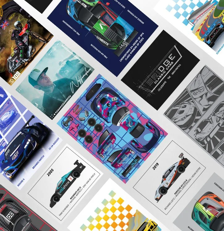 Collage of various racing vehicle images and illustrations, including race cars, motorcycles, and racing-themed graphics.