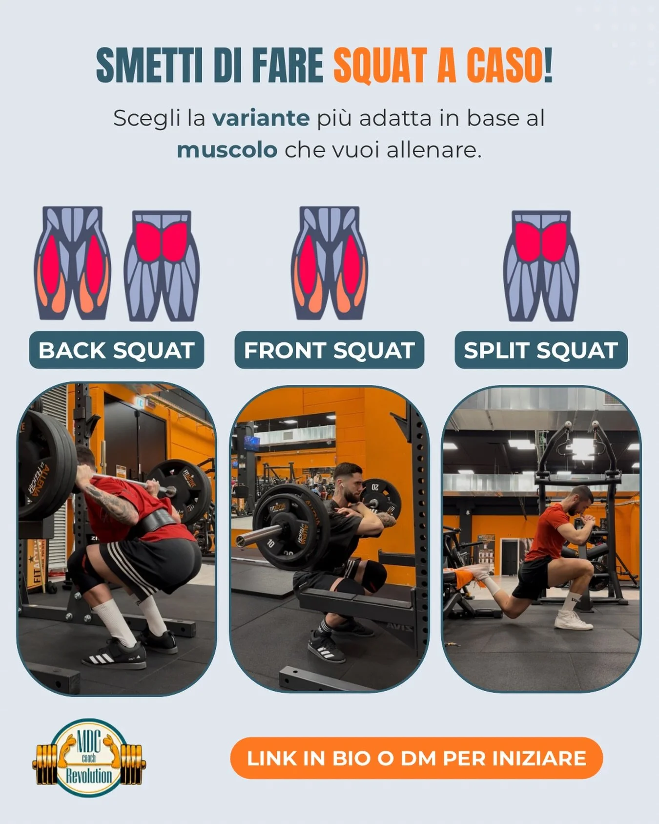 Smetti di sprecare energie con lo squat sbagliato! ❌

Non tutti gli squat sono uguali. Se vuoi massimizzare i risultati, devi scegliere la variante giusta in base al tuo obiettivo:
&bull; Back Squat: Il re della forza, ideale per caricare pesi import