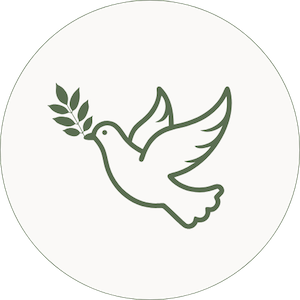 Line drawing of a dove carrying an olive branch inside a circular border