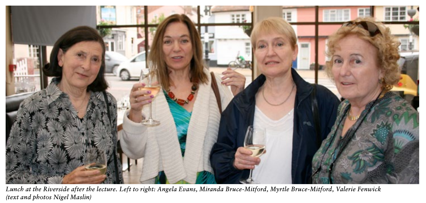 Angela Evans, Mirana Bruce-Mitford, Myrtle Bruce-Mitford, and Valerie Fenwick after the Basil Brown Memorial Lecture in 2014, hosted by the Sutton Hoo Society