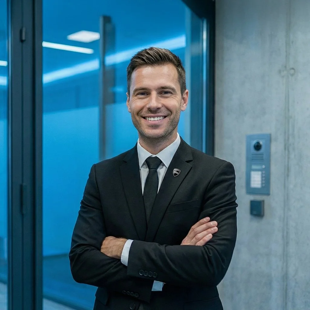 Ein Doorman in einem schwarzen Anzug und Krawatte steht vor einem Eingang und lächelt.