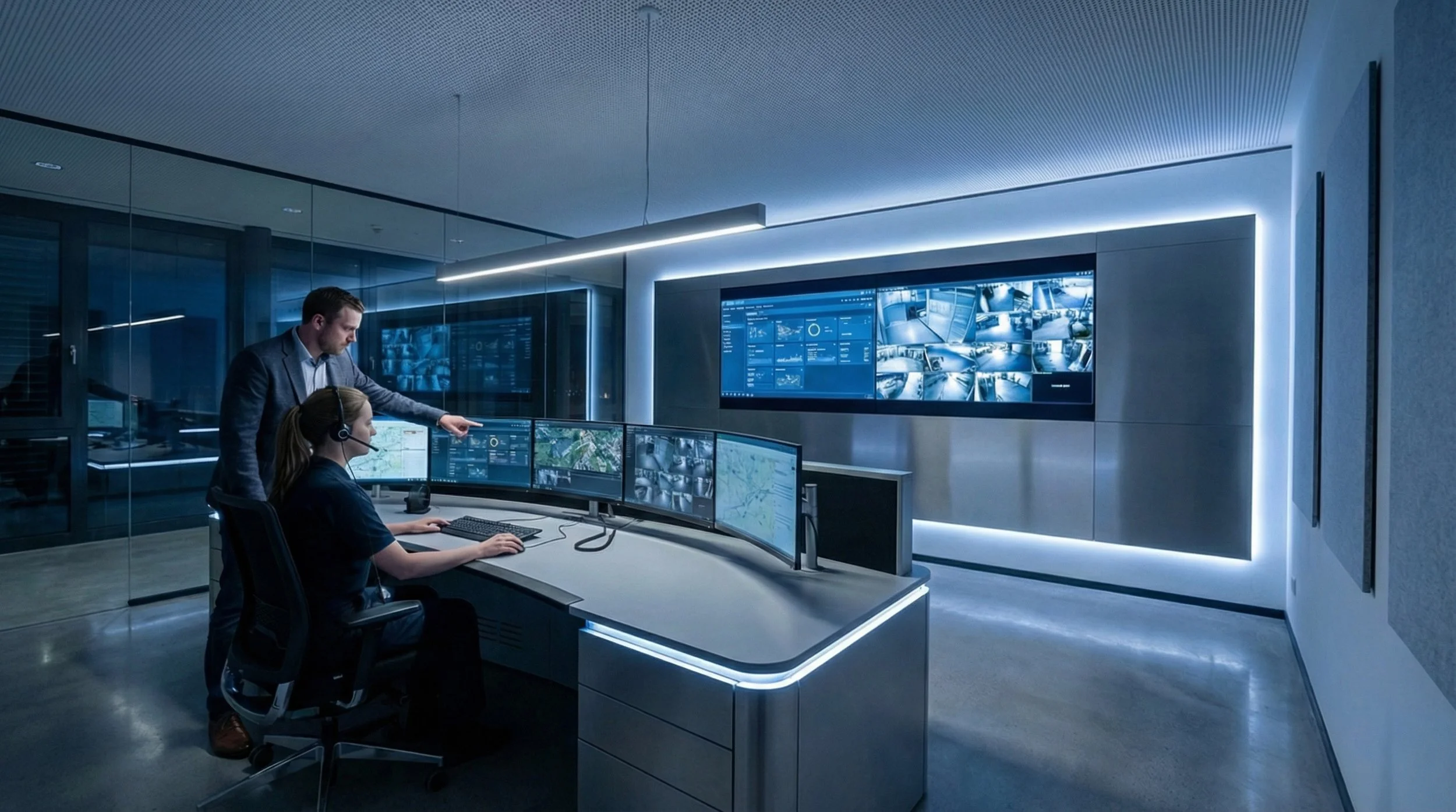 Zwei Personen in einer modernen Notrufleitstelle mit vielen Monitoren in Hintergrund