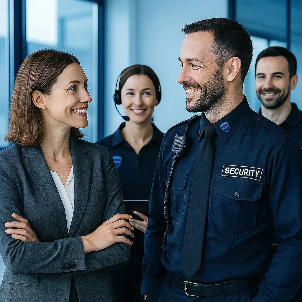 Teambild mit einem Security Mitarbeiter, einer Empfangsdame, einer Dame in der Notrufleitstelle und eines Doormans
