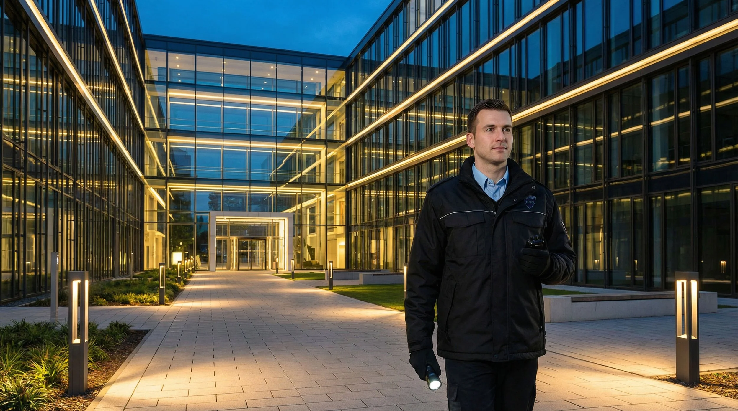 Streifendienst mit Funkgerät patrouilliert vor einem beleuchteten Gebäude.