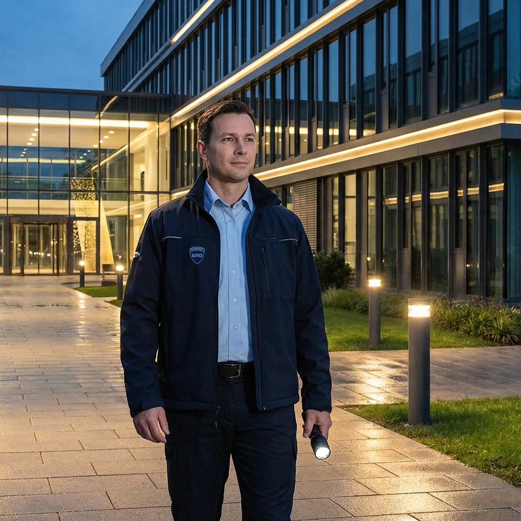 Streifendienst mit Taschenlampe patrouilliert vor einem beleuchteten Gebäude.