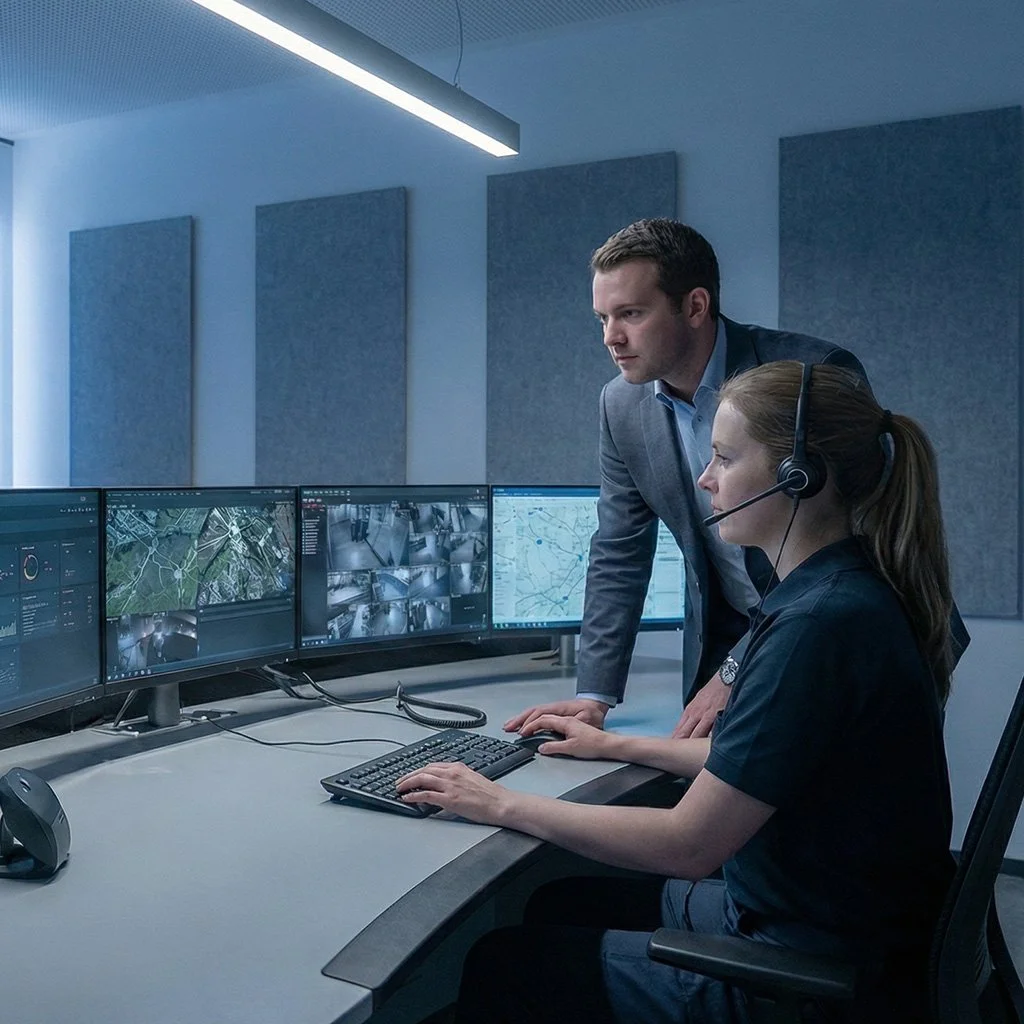 Zwei Personen in einer modernen Notrufleitstelle mit vielen Monitoren in Hintergrund