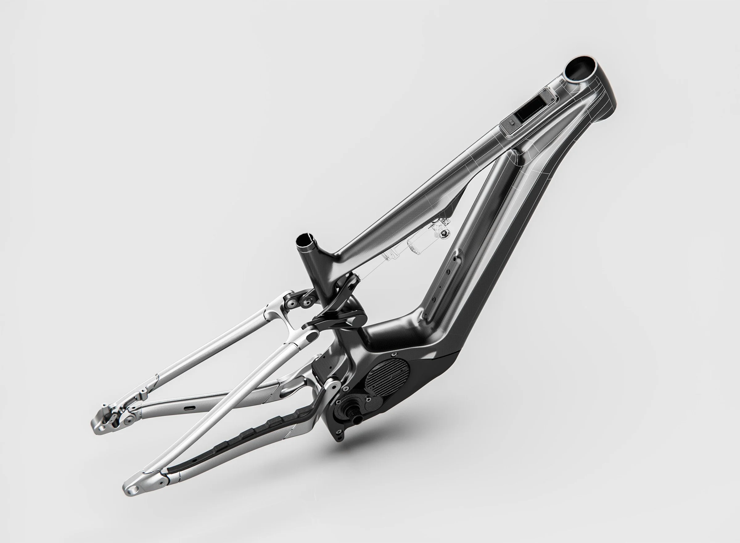 Cadre de vélo électrique en aluminium, sans roues, vue en gros plan sur la partie avant et la batterie intégrée.