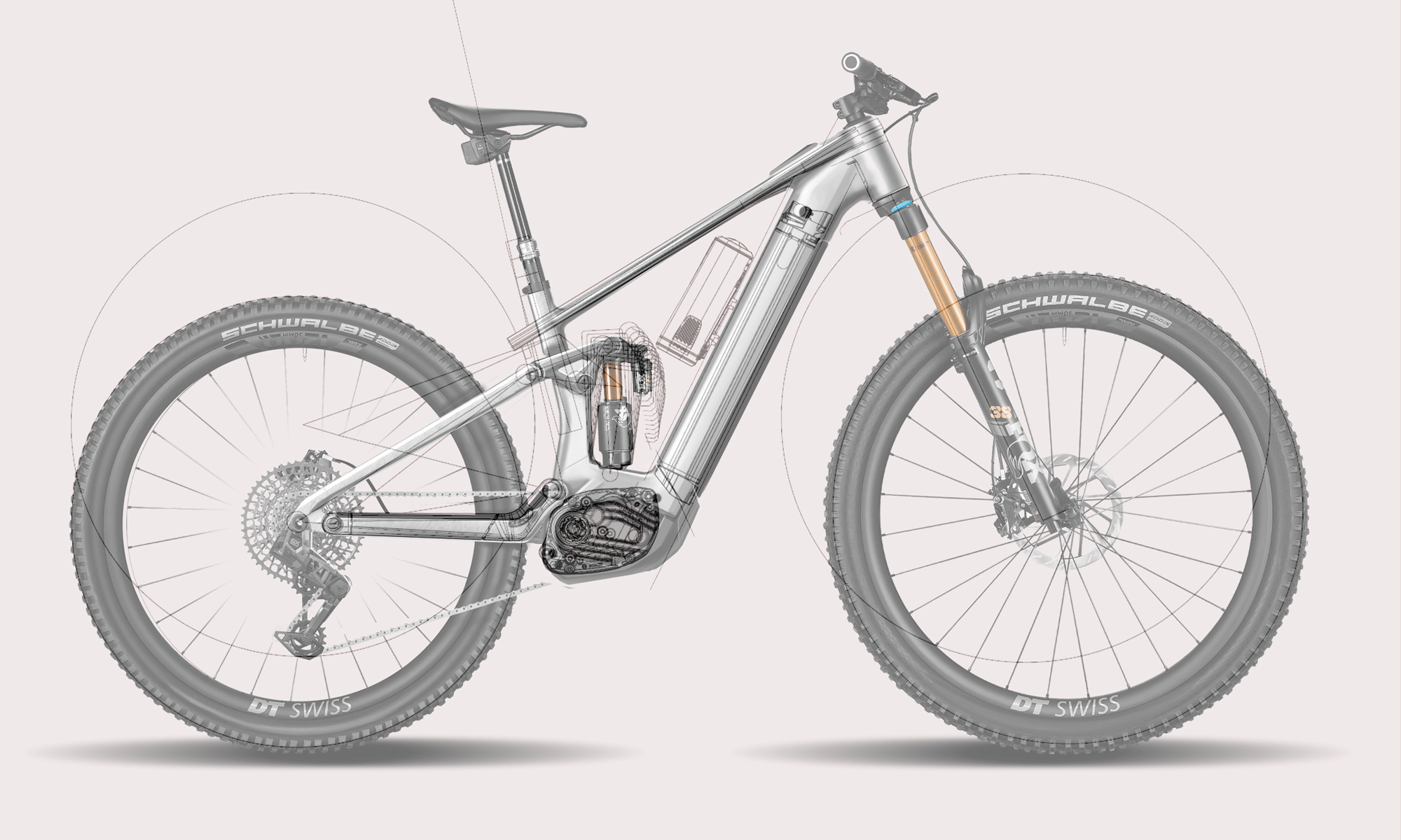 Schéma technique d'un vélo électrique avec composants visibles, dont le moteur, la batterie, la suspension et les roues Michelin.