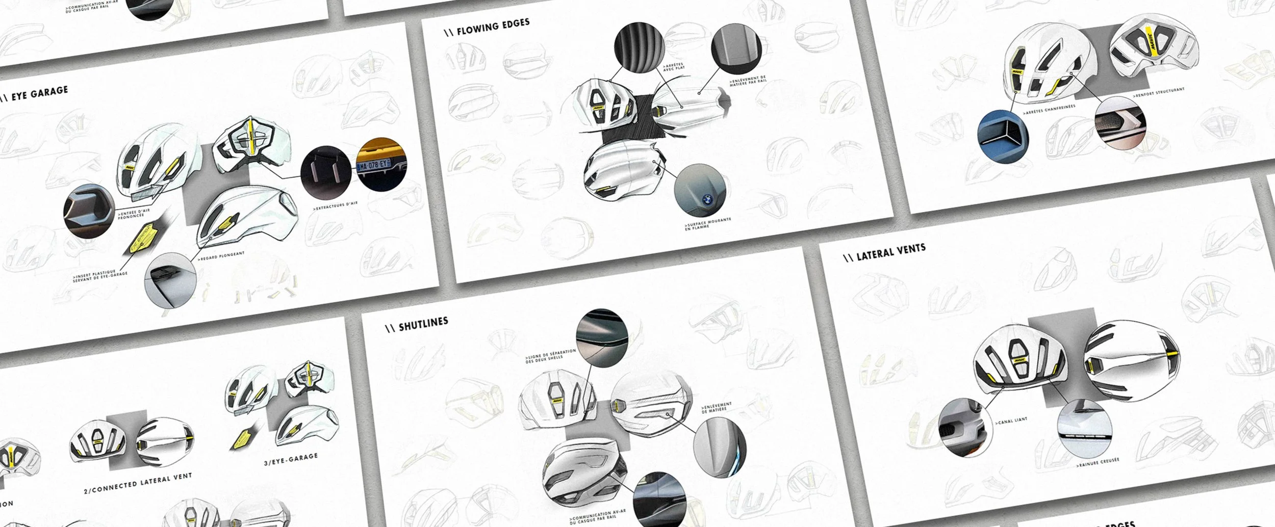 Planches de recherches par dessin du nouveau casque Mavic Comete SL, en phase d'exploration 2D, avec une mise en avant des innovations et des idées.