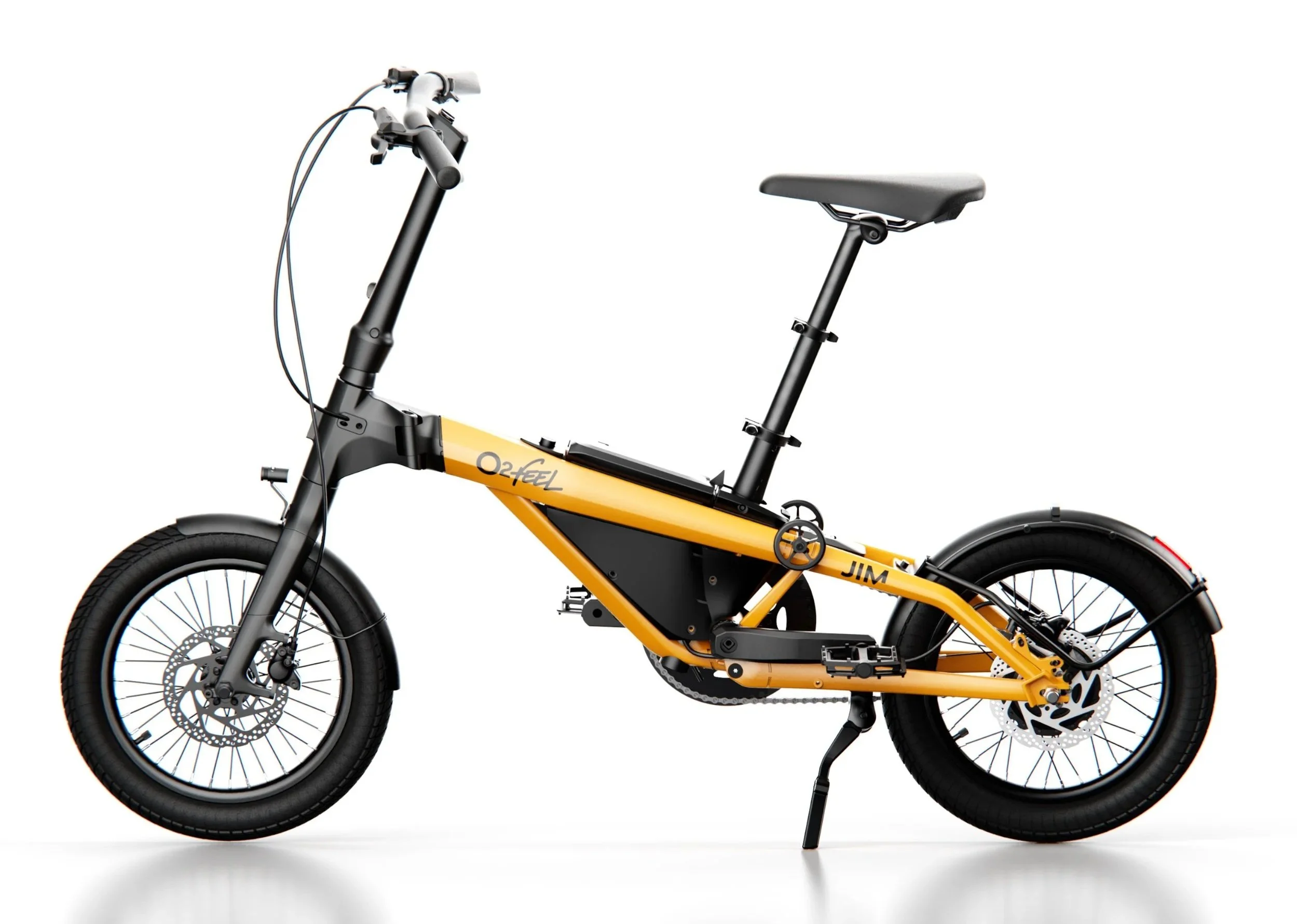Rendu 3D en vue de coté du vélo pliant 16' O2 Feel Jim à assistance électrique.