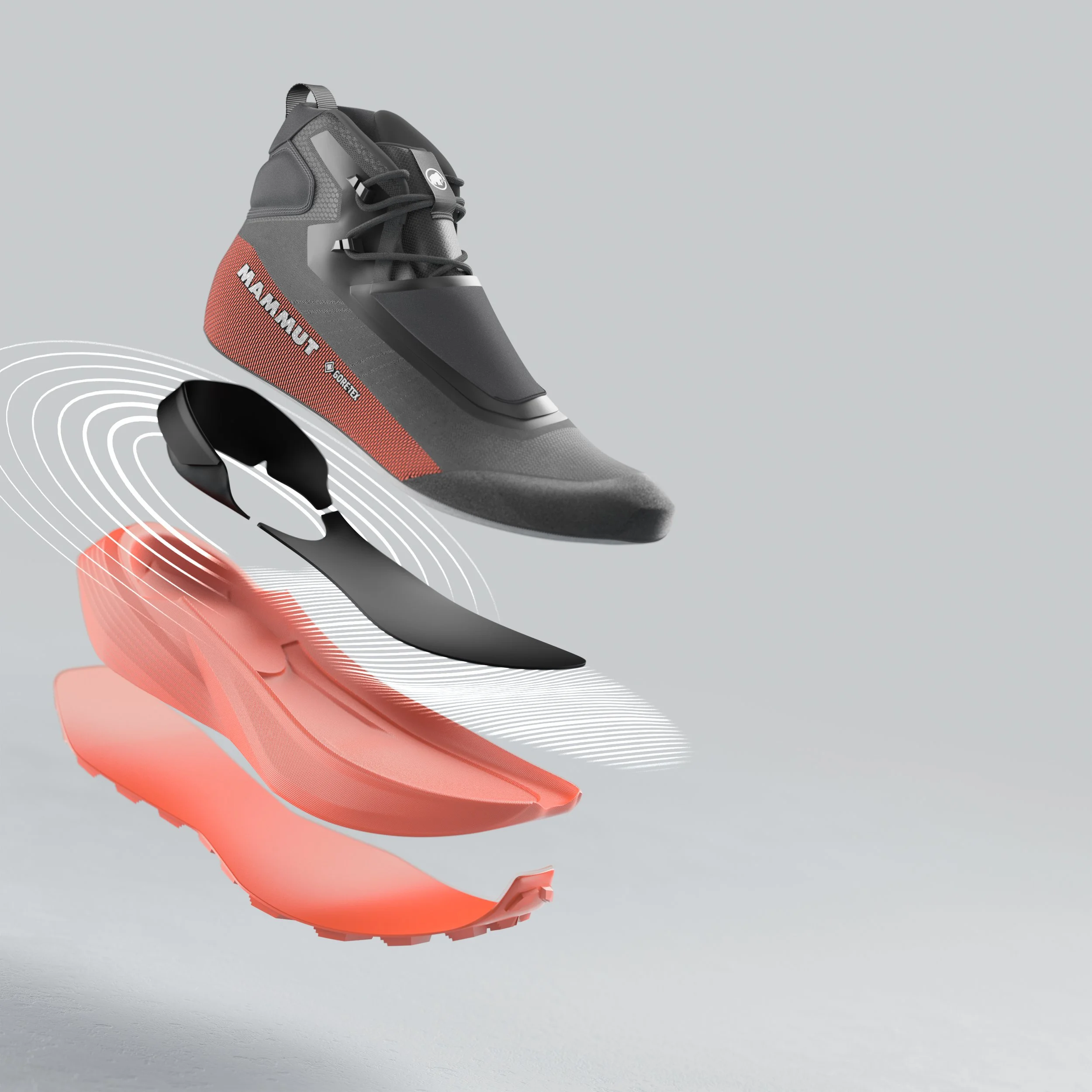 Une chaussure de vélo de montagne de couleur gris et rouge avec la marque 'MARCASPORT' visible sur le côté, posée sur une surface claire avec un fond gris clair. La chaussure a une sangle en boucle et un système de laçage.