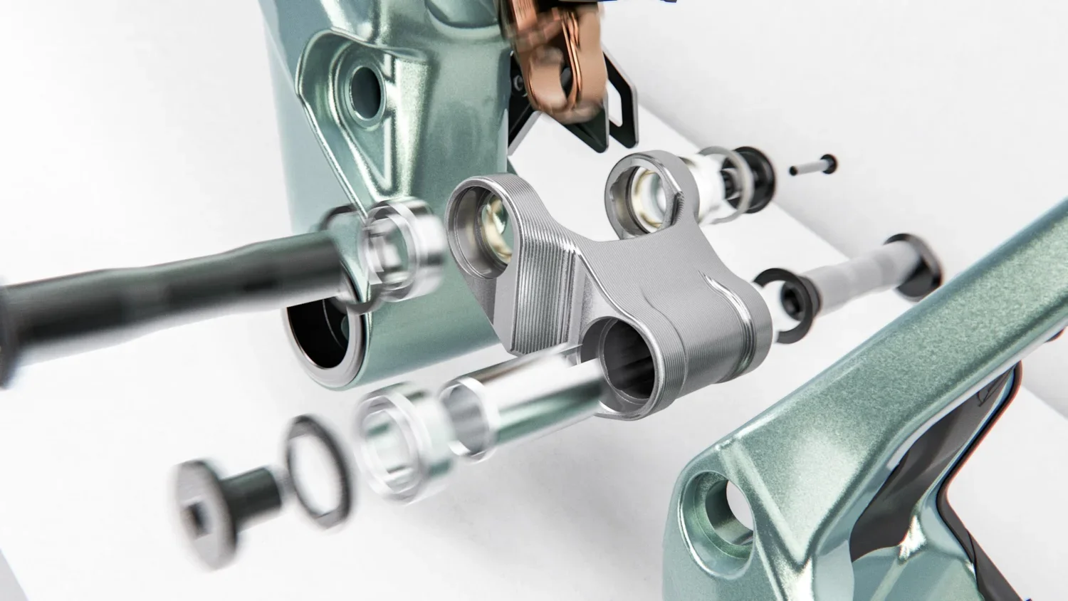 Vtt cross-country MONDRAKER F-Podium, vue détail éclatée des éléments du boitier de pédalier