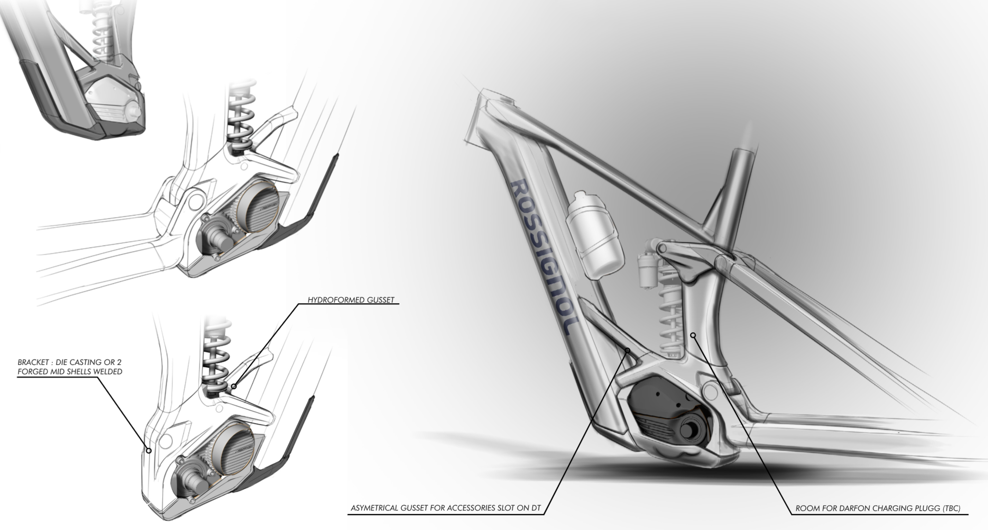 Schéma technique d'un cadre de vélo en carbone, montrant les détails de la suspension, de la fixation du garde-boue hydrodiforme, de la boîte de chargement Django et de l'espace pour une pince de charge Darfon.