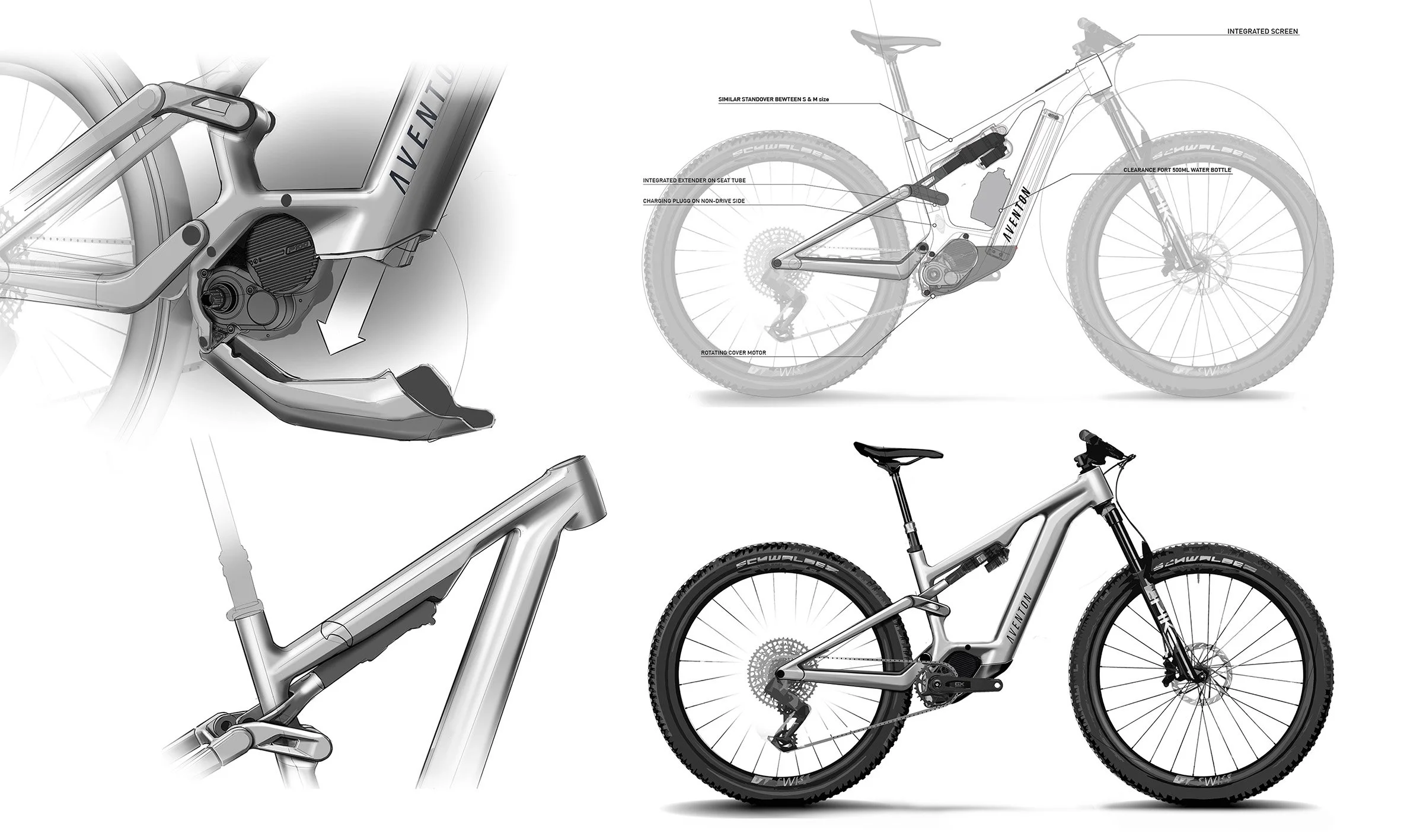 Schéma technique d'un vélo électrique avec composants clés comme le moteur, la batterie, et le cadre.