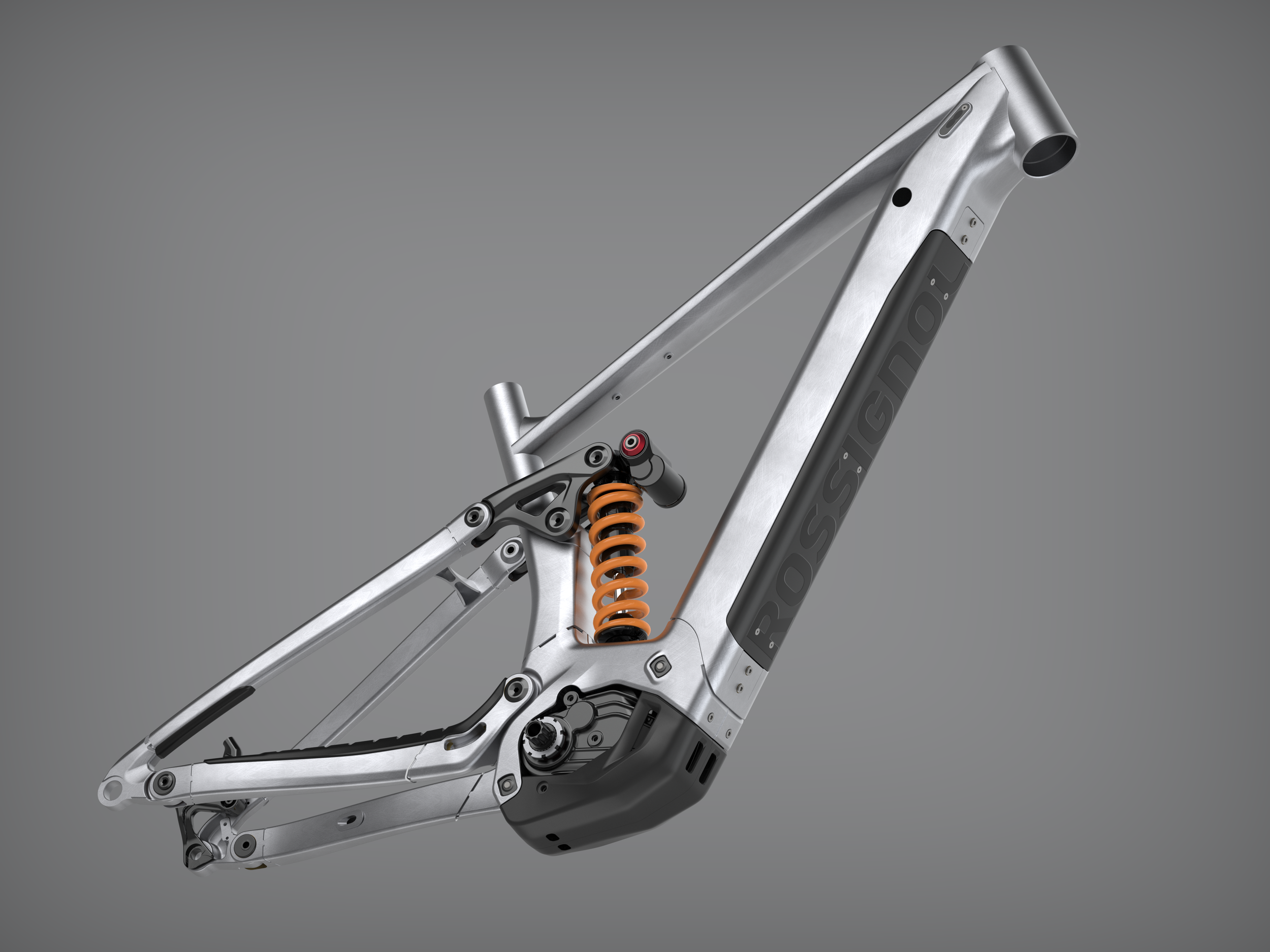 Modèle de cadre de moto électrique en aluminium, avec suspension arrière et composants électroniques visibles.